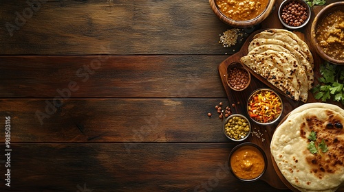 Indian food with naan bread and various bowls on a wooden table background.