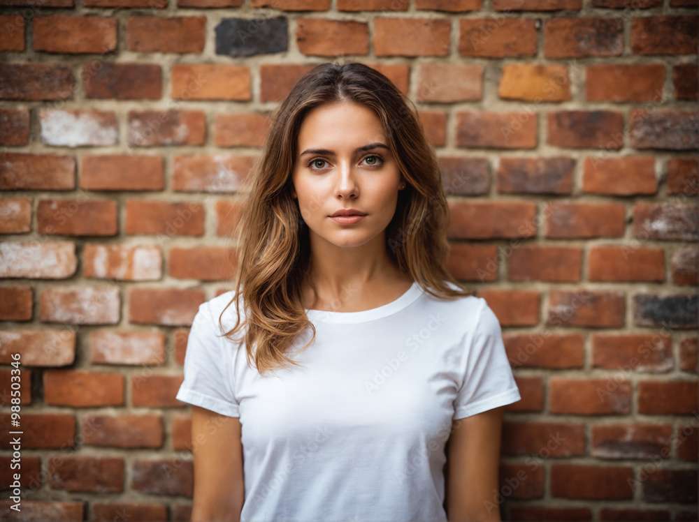 A confident young woman in a white T-shirt against a rustic brick wall A confident young woman in a white T-shirt against a rustic brick wall