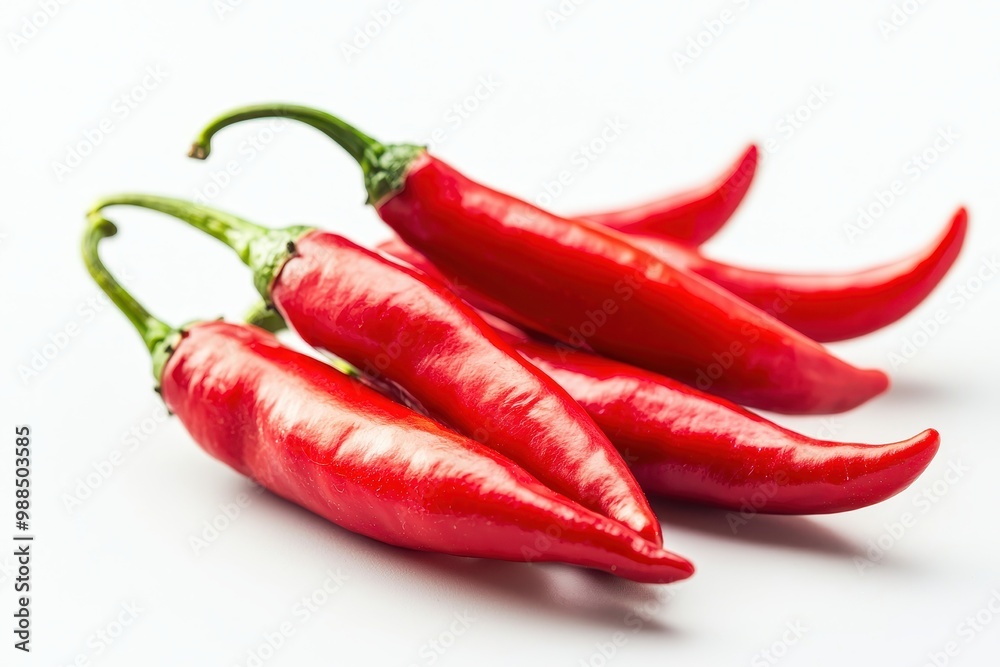 Vibrant red chili peppers arranged in a row, isolated on a clean white background. Perfect for food concepts. Vibrant red chili peppers arranged in a row, isolated on a clean white background. Perfect for food concepts.