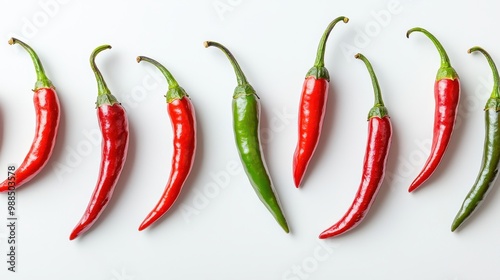 Vibrant red and green chili peppers arranged in a row, isolated on a clean white background. Perfect for food concepts.