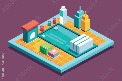 A colorful isometric illustration features a sanitizing mat placed on a tiled surface, accompanied by various cleaning supplies and containers.