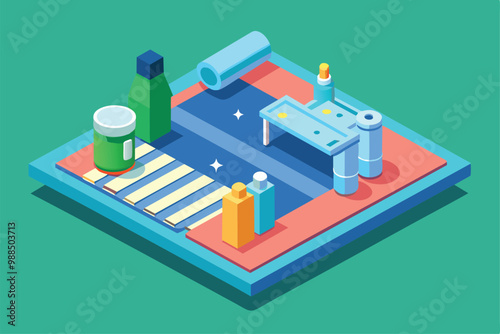 A customizable sanitizing mat features various cleaning products and tools, arranged neatly in a vibrant, modern environment designed for hygiene.