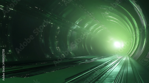 Fototapeta Naklejka Na Ścianę i Meble -  Futuristic green tunnel with glowing light at the end