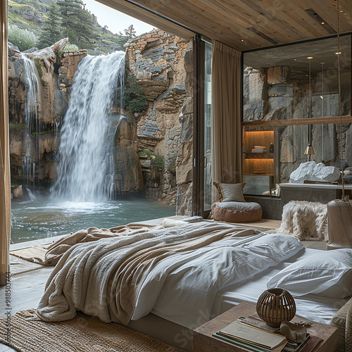Luxury bedroom with view of water fall generated.AI