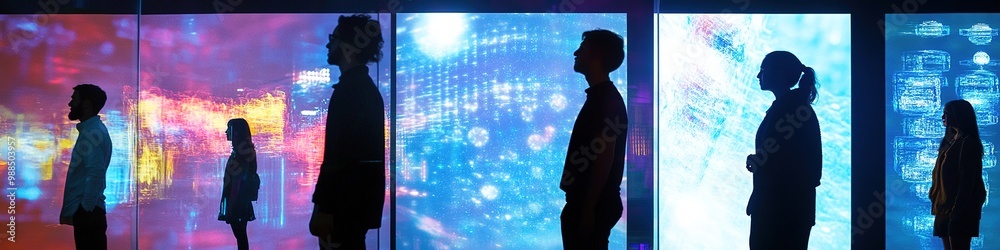 Silhouetted people against futuristic screens Silhouetted people against futuristic screens