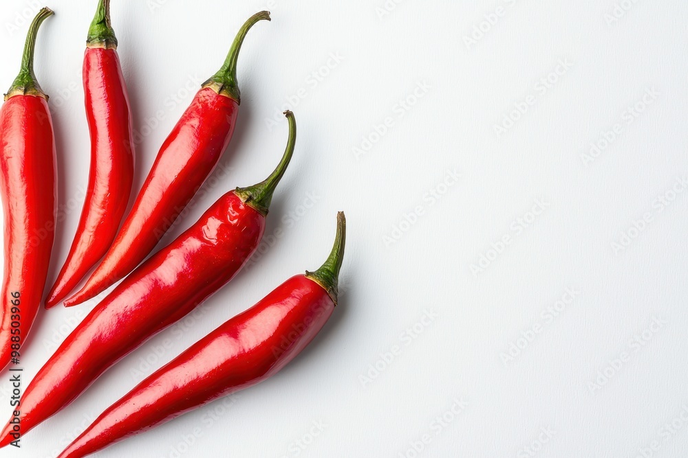 Vibrant red chili peppers arranged in a row with copy space, isolated on a clean white background. Perfect for food concepts. Vibrant red chili peppers arranged in a row with copy space, isolated on a clean white background. Perfect for food concepts.