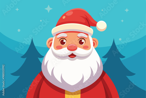 A cheerful, customizable cartoon depiction of Santa Claus surrounded by evergreen trees under a starry winter sky, perfect for festive designs.