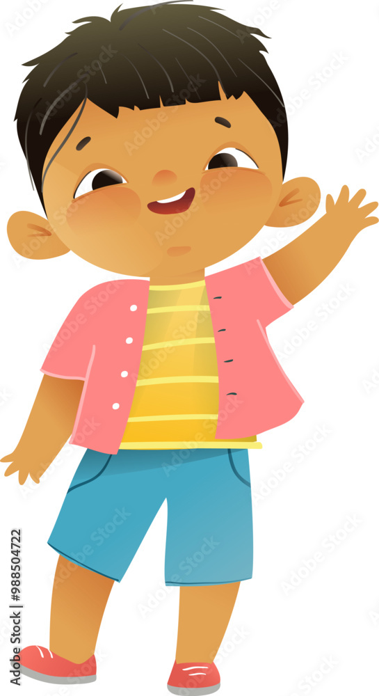 Little cute asian boy greeting hands up, cheerful and smiling character. Happy schoolboy, graphic illustration for school or kindergarten children. Kids character cartoon, vector isolated clipart. Little cute asian boy greeting hands up, cheerful and smiling character. Happy schoolboy, graphic illustration for school or kindergarten children. Kids character cartoon, vector isolated clipart.