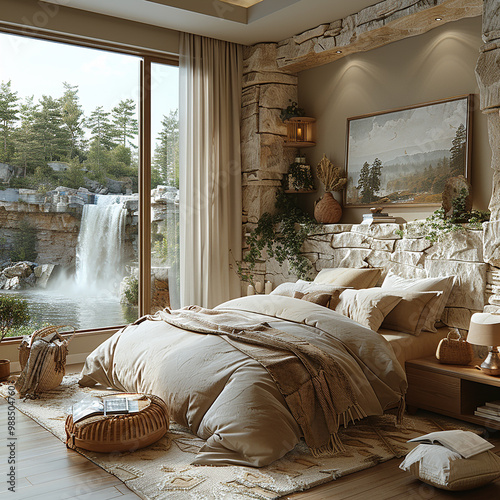 Luxury bedroom with view of water fall generated.AI photo