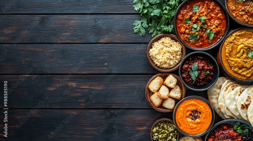 Indian food with naan, curry, and rice in bowls on a wooden table. Indian food with naan, curry, and rice in bowls on a wooden table.