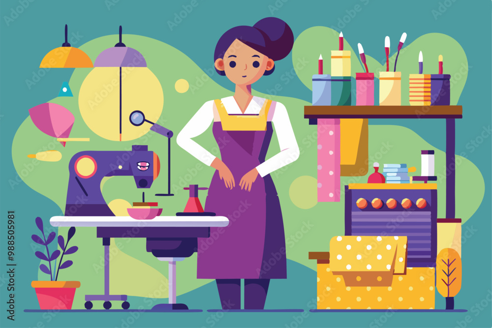 A dedicated seamstress designs custom pieces in her vibrant studio filled with sewing essentials, showcasing her creative workspace. A dedicated seamstress designs custom pieces in her vibrant studio filled with sewing essentials, showcasing her creative workspace.