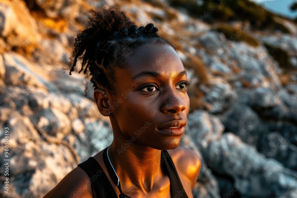 A female athlete on a rocky mountain trail. Her focused expression suggests determination and strength in her fitness endeavor. A female athlete on a rocky mountain trail. Her focused expression suggests determination and strength in her fitness endeavor.