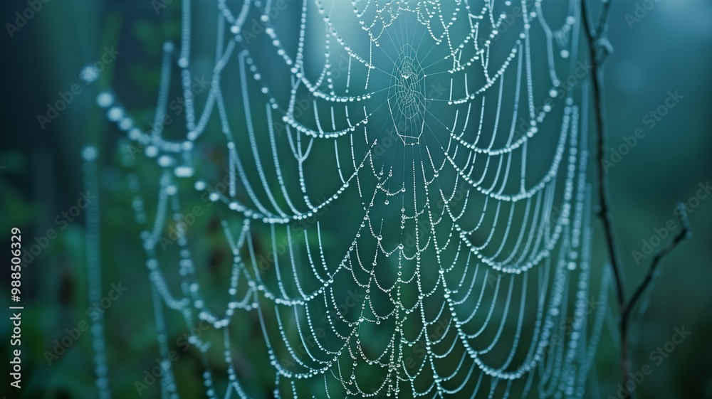 Close-up of spider webs adorned with morning dew in soft natural light Close-up of spider webs adorned with morning dew in soft natural light