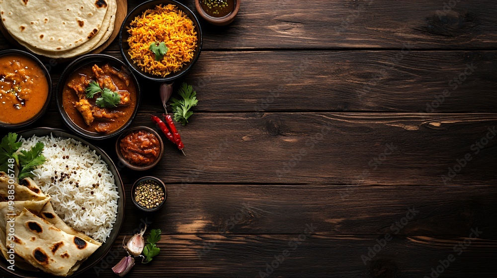 Indian food with rice, curry and naan bread on dark wooden background.