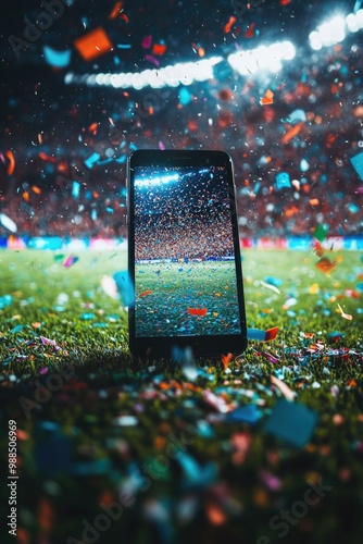 Mobile phone capturing stadium atmosphere with crowd and confetti. photo