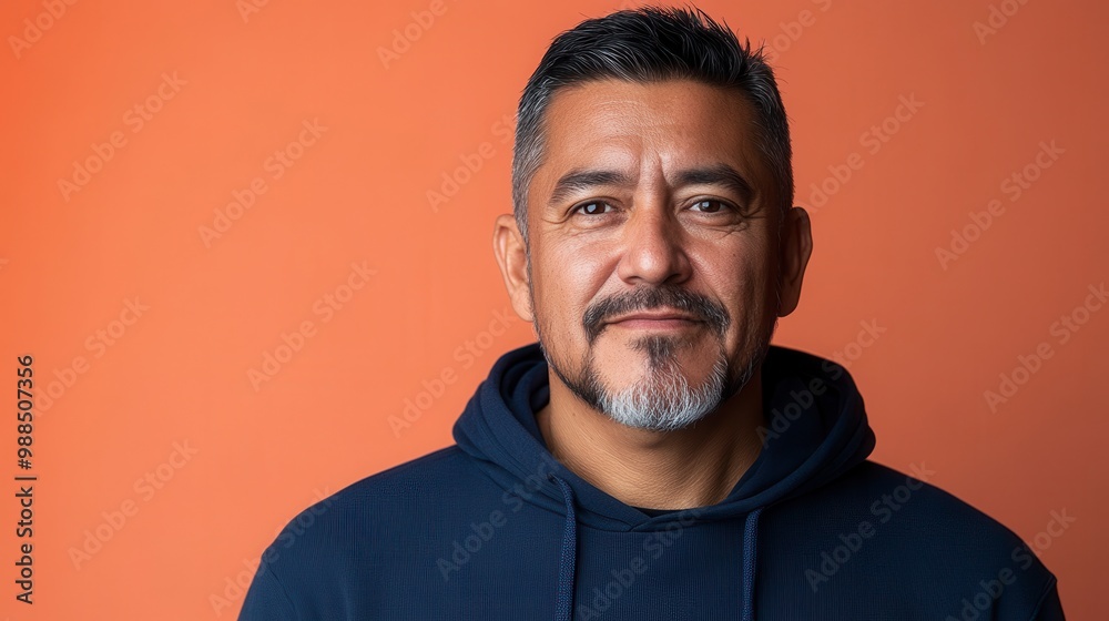 Obraz premium Portrait of a middle aged hispanic man smiling on orange background