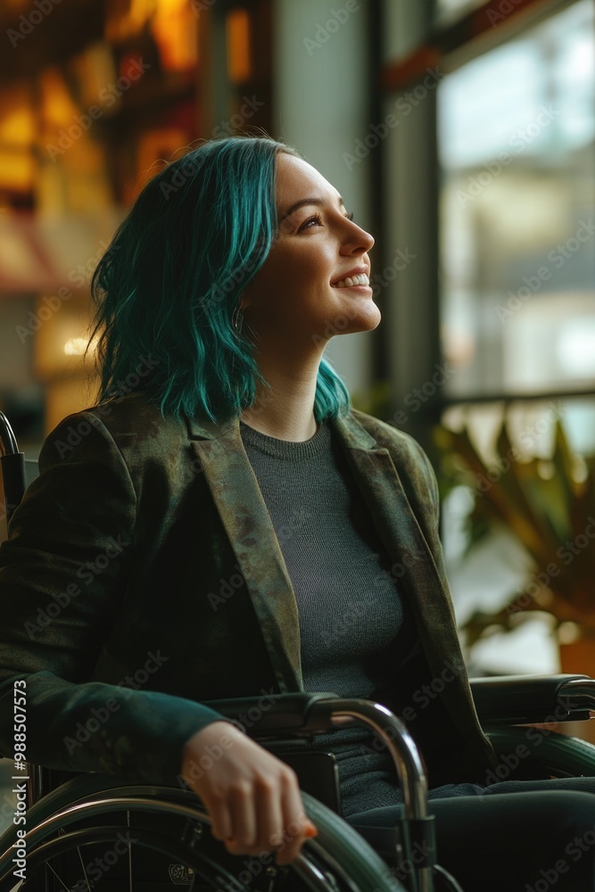 Smiling woman with blue hair and modern clothing in a wheelchair, looking outside at a cityscape, conveying a sense of accessibility and disability positivity. Smiling woman with blue hair and modern clothing in a wheelchair, looking outside at a cityscape, conveying a sense of accessibility and disability positivity.