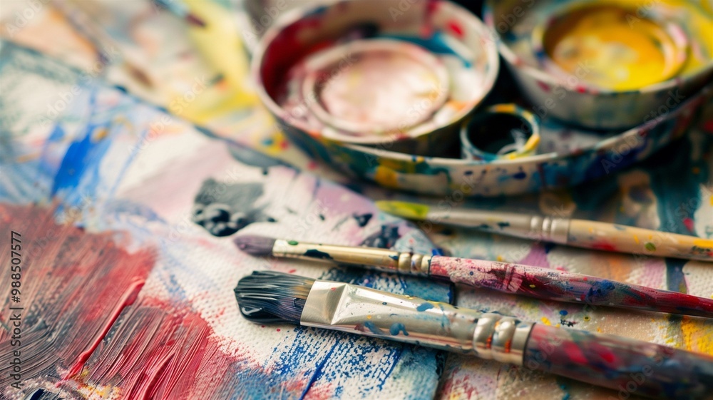Vibrant close-up of watercolor paint set with brushes on an artist's palette Vibrant close-up of watercolor paint set with brushes on an artist's palette