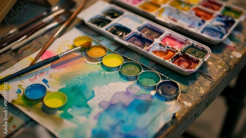 Vibrant close-up of watercolor paint set with brushes on an artist's palette