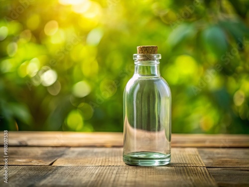 On a worn wooden surface, a delicate glass bottle with a rounded silhouette, tapered neck, and tiny cap