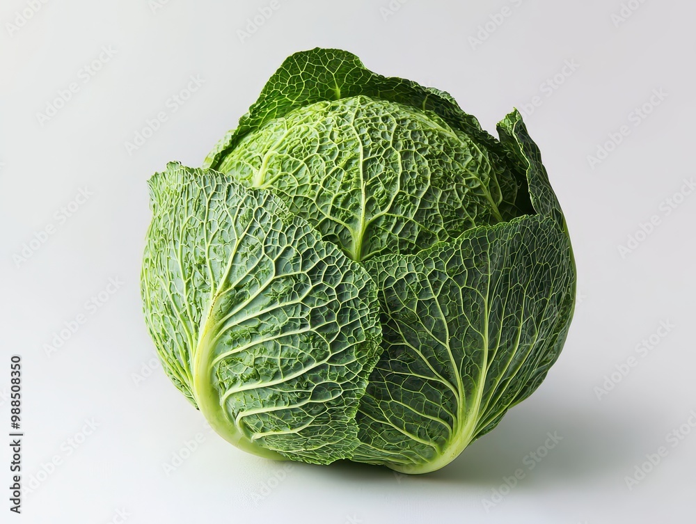Fototapeta premium Vibrant green cabbage with detailed leaves, isolated on a clean white background, perfect for healthy food concepts.