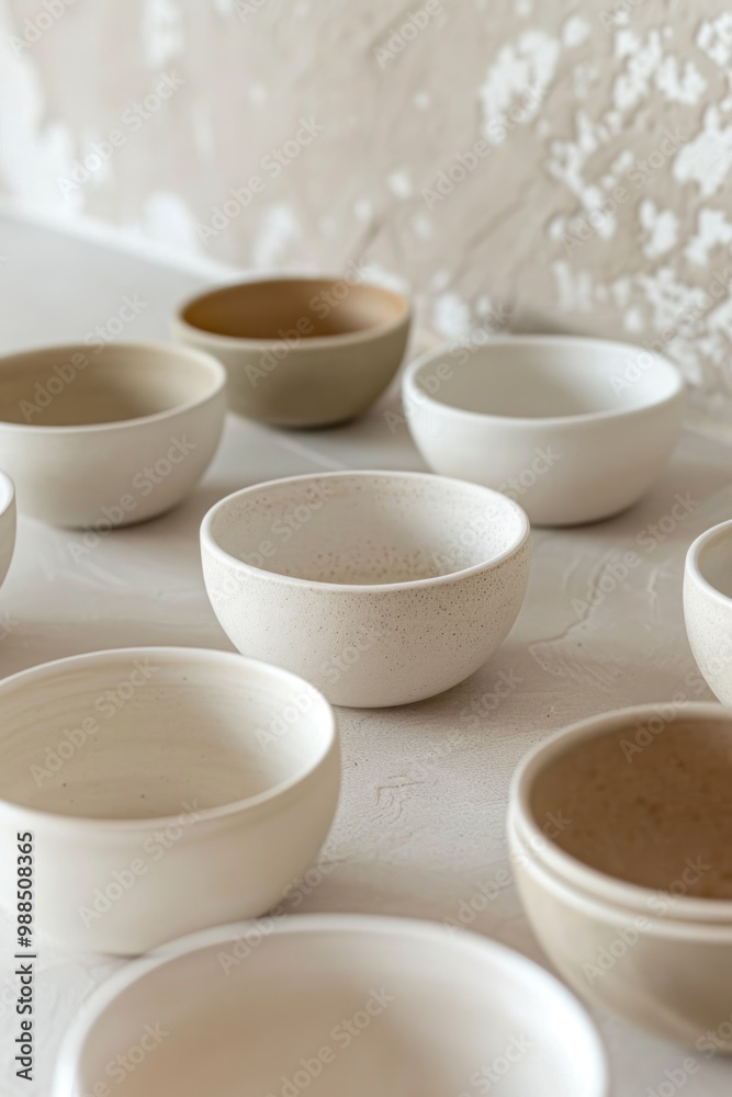 Empty Bowls. Handmade Pottery Craft Ceramic Bowls on Light Beige Background Empty Bowls. Handmade Pottery Craft Ceramic Bowls on Light Beige Background