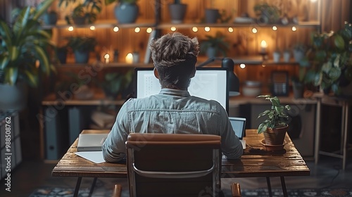 Close up back view of male employer sit at desk using modern laptop and smartphone gadget, businessman consult client work on computer.