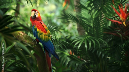Vibrant parrot perched in lush tropical jungle, surrounded by vivid greenery and flowers