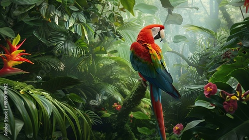 Vibrant parrot perched in lush tropical jungle, surrounded by vivid greenery and flowers photo