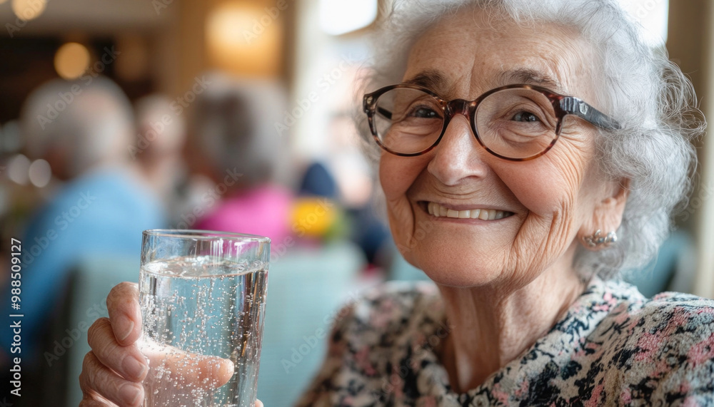 Happy senior woman holding glass of water smiling at home Happy senior woman holding glass of water smiling at home
