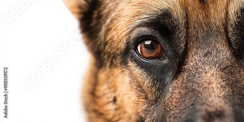 A close-up portrait photo of a cute Alsatian dog looking at the camera, isolated against a colourful background.