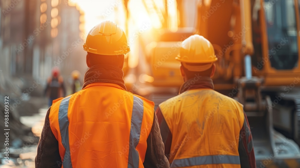 Group of workers operating heavy machinery, Harsh sunlight. Industrial site background. Group of workers operating heavy machinery, Harsh sunlight. Industrial site background.