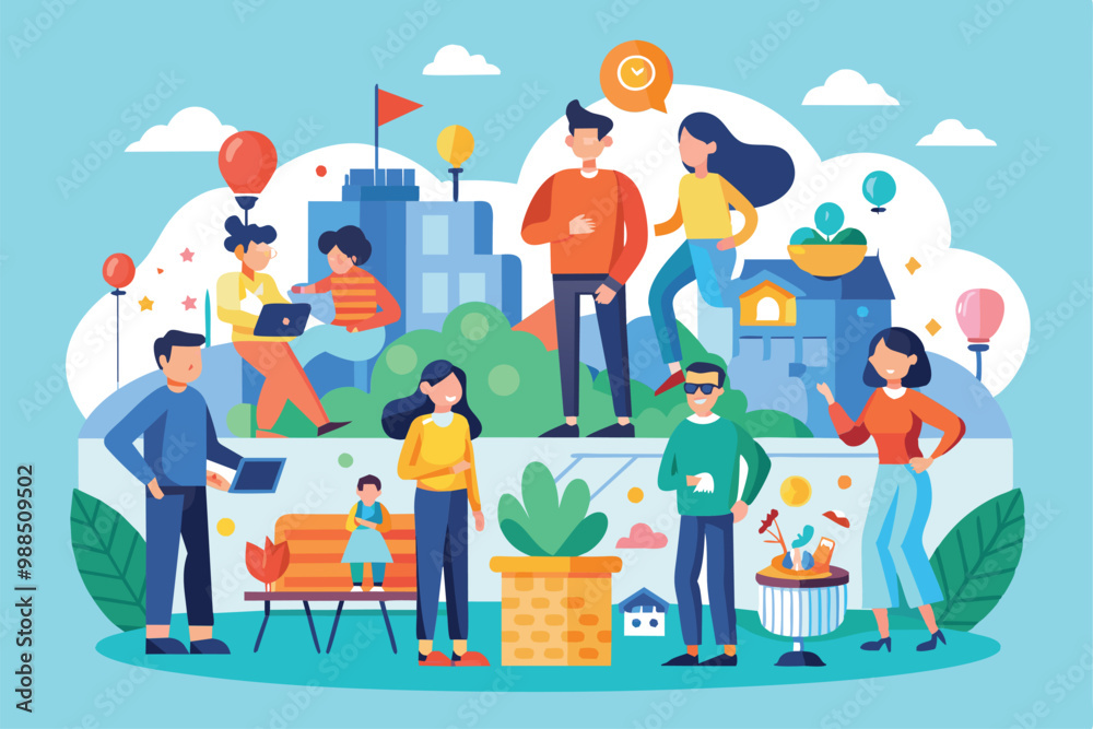 A lively urban park setting where diverse individuals enjoy various activities like playing, relaxing, and socializing under a bright blue sky. A lively urban park setting where diverse individuals enjoy various activities like playing, relaxing, and socializing under a bright blue sky.