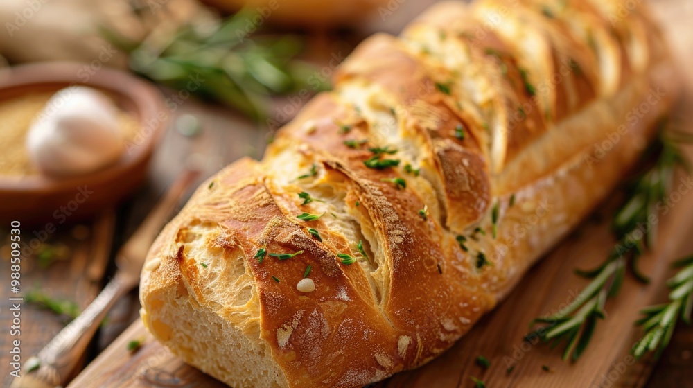 Garlic Bread Loaf. Toasted Baguette with Butter and Seasoned with Rosemary and Thyme Garlic Bread Loaf. Toasted Baguette with Butter and Seasoned with Rosemary and Thyme