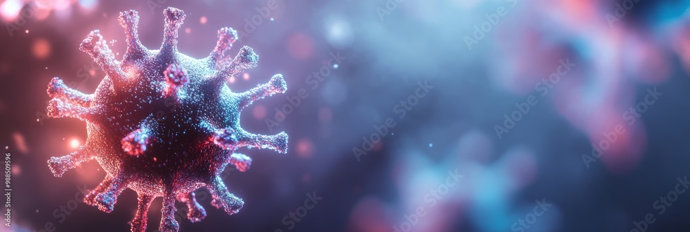 High-detail view of a glowing monkeypox virus particle against a colorful background, representing viral spread and health crisis. High-detail view of a glowing monkeypox virus particle against a colorful background, representing viral spread and health crisis.