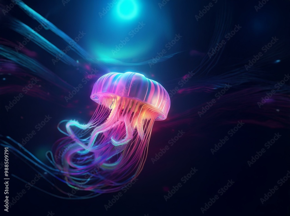 Obraz premium A luminous jellyfish with a pink and blue glow swims through a dark, abstract background.