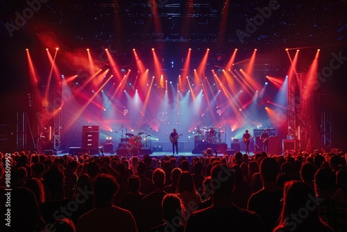 Colorful Stage Lights and Smoke at Concert with Dramatic Red and Blue Lighting Effects