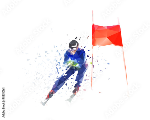 Downhill skier, alpine skiing, ski racer, low poly isolated vector illustration, geometric drawing