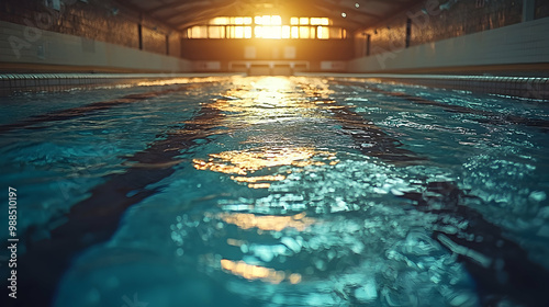 Swimming pool lane lines underwater, with sunlight filtering through the water surface and illuminating ripples, creating a peaceful yet competitive scene in the stillness before a race