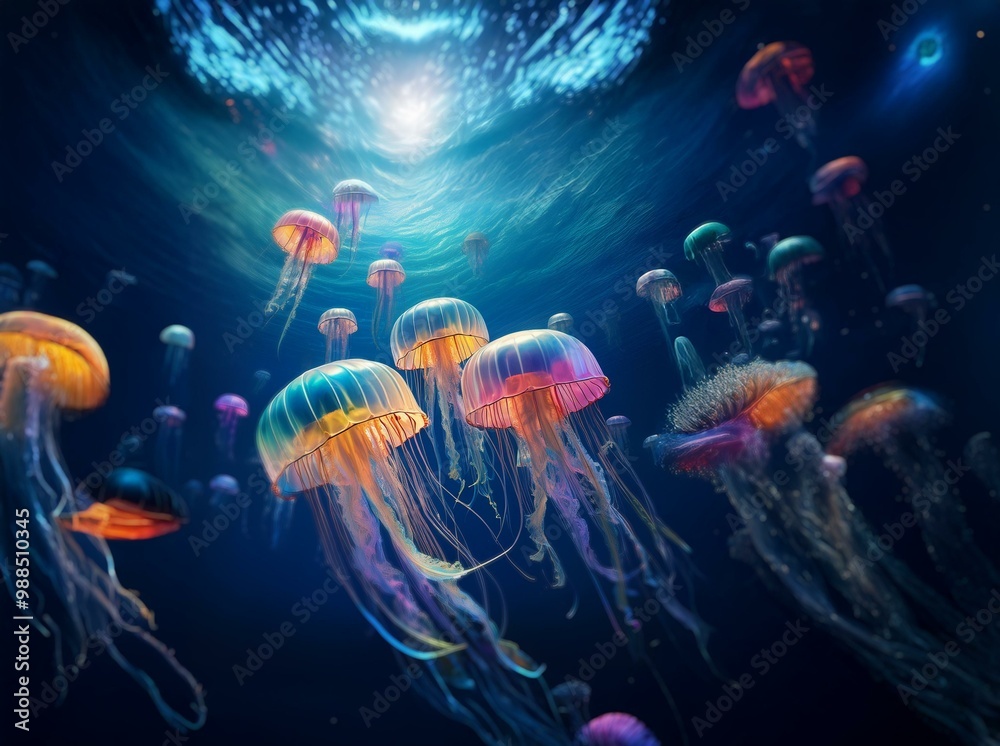 Obraz premium Colorful jellyfish with long tentacles drift in a deep blue ocean.