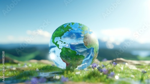 An image representing the Earth with green grass, flowers, and a clear blue sky. A symbol of environmental protection and preservation.