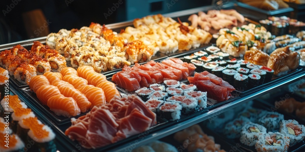 Fototapeta premium A beautifully presented sushi platter with a variety of fish, vegetables, and sauces, ready to be served.