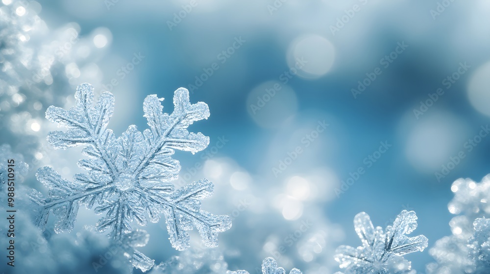 Close-up view of delicate, frost-covered snowflakes with intricate patterns, framed by soft, icy branches. The blurred blue background with falling snow creates a serene, wintery atmosphere. Close-up view of delicate, frost-covered snowflakes with intricate patterns, framed by soft, icy branches. The blurred blue background with falling snow creates a serene, wintery atmosphere.