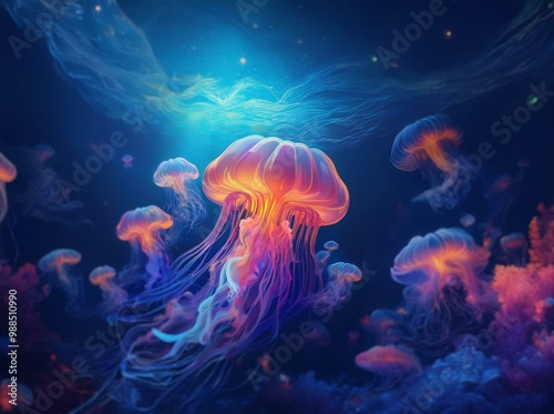 A vibrant underwater scene with glowing jellyfish, their long, flowing tentacles create a surreal and ethereal effect.