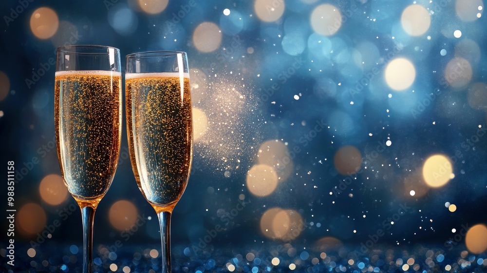 Champagne Toast Celebration - Happy New Year With Golden Glitter On Blue Abstract Background And Defocused Bokeh Lights with generative ai