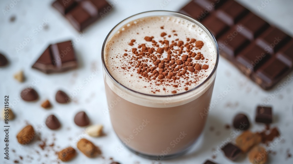 A glass of chocolate milk with cocoa powder sprinkled on top, surrounded by chocolate chips, bars, and cocoa powder. A glass of chocolate milk with cocoa powder sprinkled on top, surrounded by chocolate chips, bars, and cocoa powder.