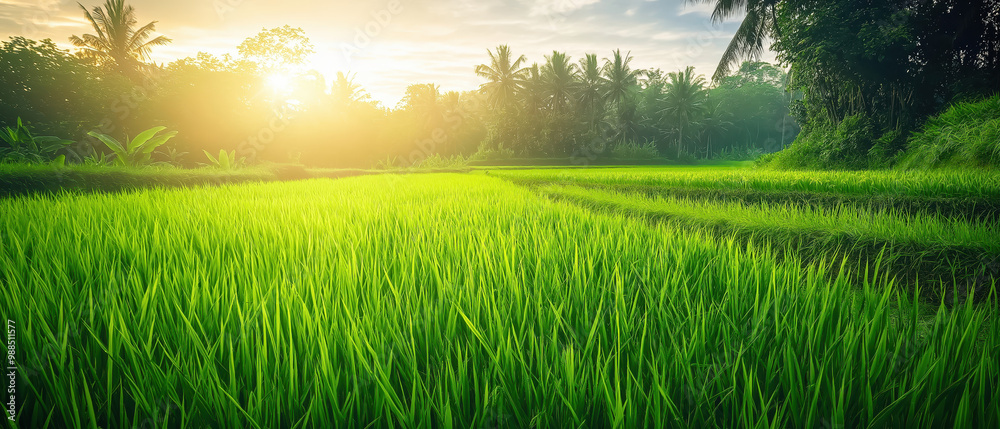 Lush green rice field bathed in golden sunlight, showcasing the beauty of nature and agriculture at dawn. Lush green rice field bathed in golden sunlight, showcasing the beauty of nature and agriculture at dawn.