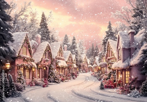 A pink Christmas village with snow, a fantasy-inspired, cute style, featuring a pink and white color palette, beautiful lighting