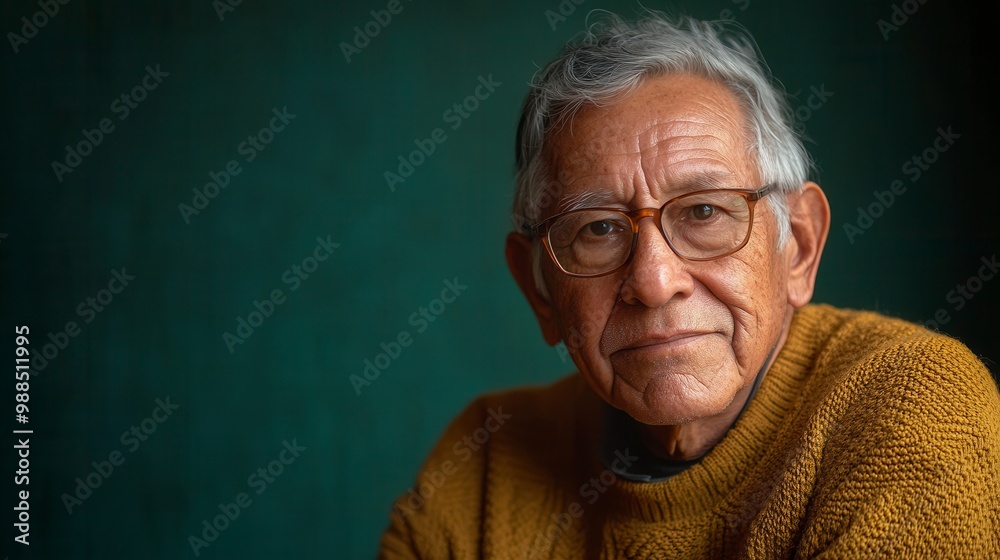 Senior hispanic man wearing glasses posing on green background Senior hispanic man wearing glasses posing on green background
