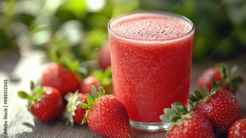 A glass of fresh strawberry juice with whole strawberries around it on a wooden table. A glass of fresh strawberry juice with whole strawberries around it on a wooden table.